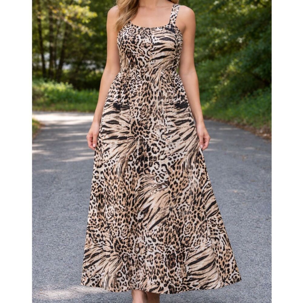 Serengeti Plus Size 1X Maxi Dress Animal Print Sleeveless Casual Summer
